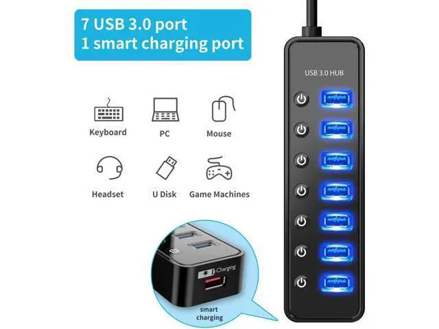 Alt view image 2 of 6 - Powered USB Hub 3.0, 7-Port USB Data Hub Splitter with One Smart Charging Port and Individual On/Off Switches and 5V/4A Power Adapter, USB 3.0 Hub for MacBook, Mac Pro/Mini and More