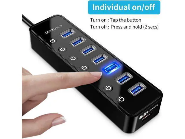 Alt view image 3 of 6 - Powered USB Hub 3.0, 7-Port USB Data Hub Splitter with One Smart Charging Port and Individual On/Off Switches and 5V/4A Power Adapter, USB 3.0 Hub for MacBook, Mac Pro/Mini and More