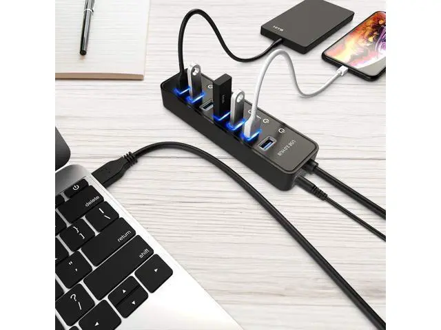 Alt view image 5 of 6 - Powered USB Hub 3.0, 7-Port USB Data Hub Splitter with One Smart Charging Port and Individual On/Off Switches and 5V/4A Power Adapter, USB 3.0 Hub for MacBook, Mac Pro/Mini and More