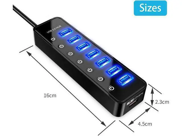 Alt view image 6 of 6 - Powered USB Hub 3.0, 7-Port USB Data Hub Splitter with One Smart Charging Port and Individual On/Off Switches and 5V/4A Power Adapter, USB 3.0 Hub for MacBook, Mac Pro/Mini and More