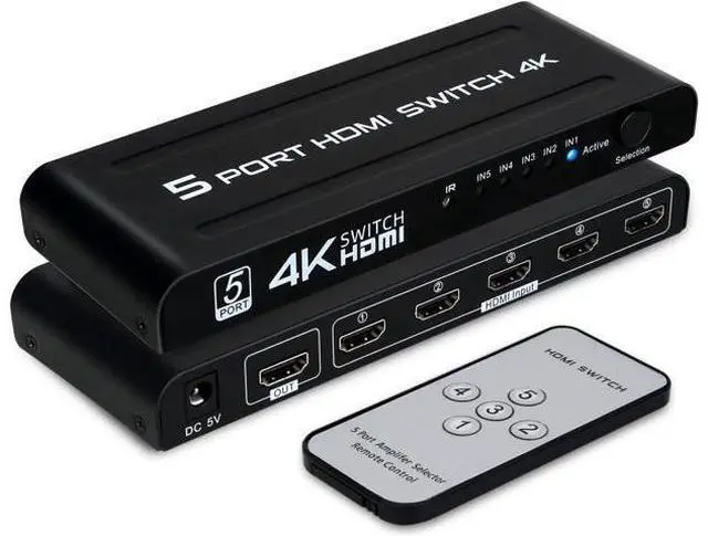 Main image of HDMI Switch 5 in 1 Out, 5 Port HDMI Switcher Selector Box with IR Remote Control & Auto Switch, Support 4K @30Hz, HDR, HDCP, 3D, 1080P for HDTV PS3 PS4 Xbox Projector Blu-ray Player (Black)