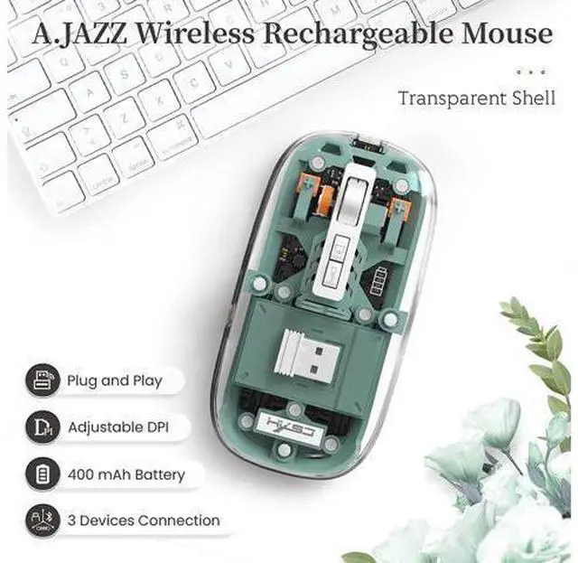 Alt view image 2 of 7 - Wireless Bluetooth 5.1 & 2.4G Lightweight Mouse, Rechargeable 400 mAh,Wired USB C Cable, Transparent Clear Cool Shell, Mute Click, Mini Portable for Business Home&Office PC Win/Mac/Laptop (Green)