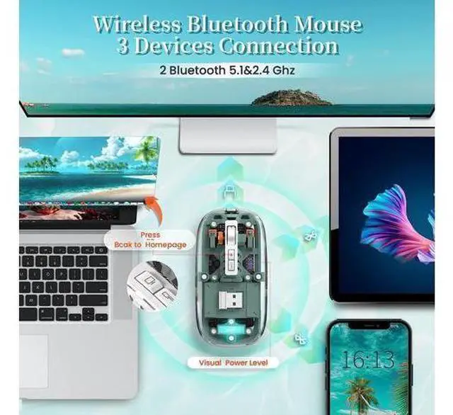Alt view image 3 of 7 - Wireless Bluetooth 5.1 & 2.4G Lightweight Mouse, Rechargeable 400 mAh,Wired USB C Cable, Transparent Clear Cool Shell, Mute Click, Mini Portable for Business Home&Office PC Win/Mac/Laptop (Green)