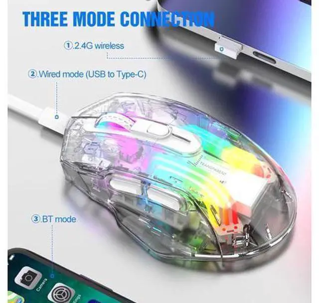 Alt view image 3 of 7 - Wireless Gaming Mice with Transparent Crystal Shell, Tri-Modes (USB Wired + 2.4G Wireless+ Bluetooth), Silent Click, Rechargeable Wireless Mouse with RGB Backlit- White