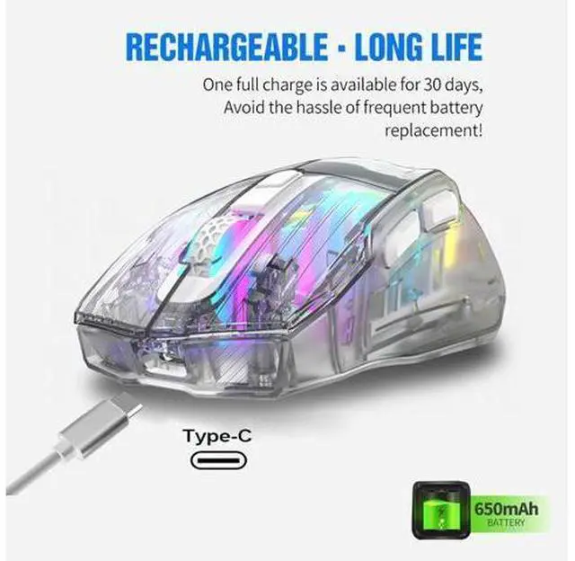 Alt view image 4 of 7 - Wireless Gaming Mice with Transparent Crystal Shell, Tri-Modes (USB Wired + 2.4G Wireless+ Bluetooth), Silent Click, Rechargeable Wireless Mouse with RGB Backlit- White