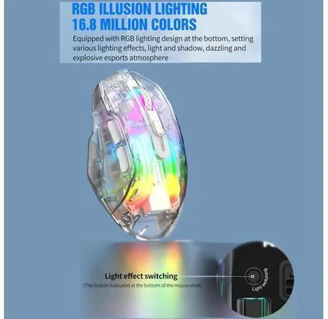 Alt view image 6 of 7 - Wireless Gaming Mice with Transparent Crystal Shell, Tri-Modes (USB Wired + 2.4G Wireless+ Bluetooth), Silent Click, Rechargeable Wireless Mouse with RGB Backlit- White