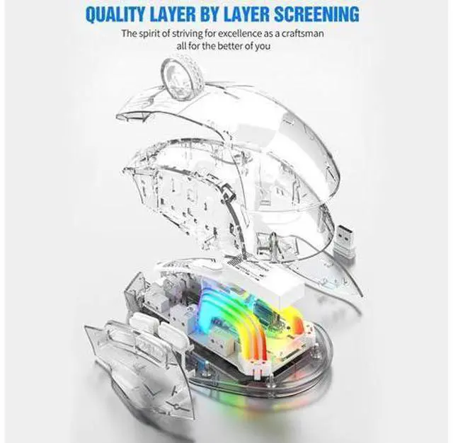 Alt view image 5 of 7 - Wireless Gaming Mice with Transparent Crystal Shell, Tri-Modes (USB Wired + 2.4G Wireless+ Bluetooth), Silent Click, Rechargeable Wireless Mouse with RGB Backlit- White