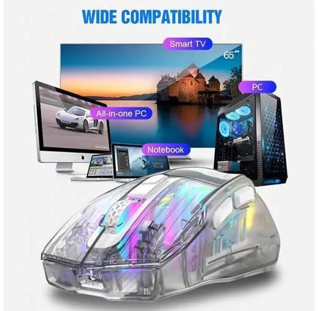 Alt view image 7 of 7 - Wireless Gaming Mice with Transparent Crystal Shell, Tri-Modes (USB Wired + 2.4G Wireless+ Bluetooth), Silent Click, Rechargeable Wireless Mouse with RGB Backlit- White