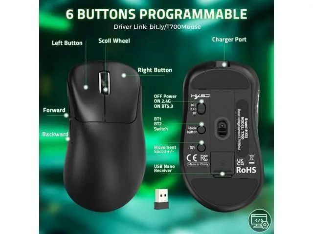 Alt view image 7 of 7 - Wireless Gaming Mouse, Adjustable 10K DPI 1K Optical Sensor Tri-Mode Wireless Mouse, 2.4G/BT/USB-C Rechargeable 6 Programmed Buttons,56g Lightweight Right-Handed Ergonomic Computer Mice
