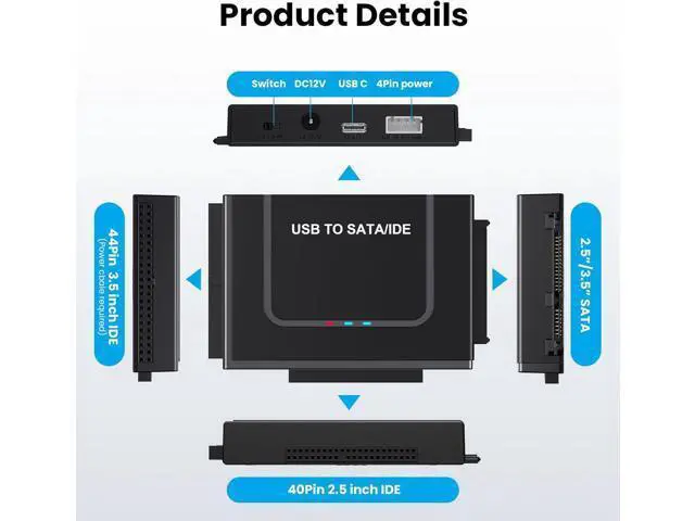Alt view image 5 of 7 - Hitoor USB 3.0 to IDE SATA Adapter, USB 3.0 Type C Hard Drive Reader External HDD Converter for 2.5/3.5 inches IDE SATA HDD SSD, DVD/CD Optical Drive, 12V/2A Power Adapter Included