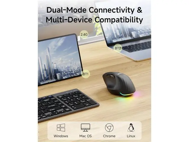 Alt view image 3 of 7 - Ergonomic Wireless Mouse, 2.4G & Bluetooth Wireless Mouse for Laptop, Silent Click Dual-Mode Rechargeable Computer Mouse, 5 DPI Levels Optical Mice with RGB for Laptop, PC, Mac, Windows, Black