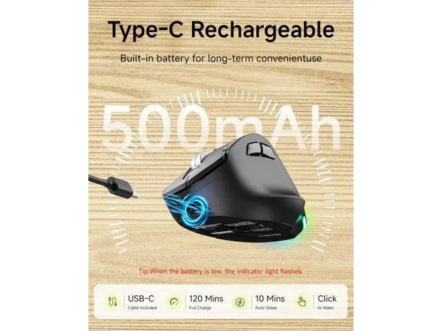 Alt view image 5 of 7 - Ergonomic Wireless Mouse, 2.4G & Bluetooth Wireless Mouse for Laptop, Silent Click Dual-Mode Rechargeable Computer Mouse, 5 DPI Levels Optical Mice with RGB for Laptop, PC, Mac, Windows, Black
