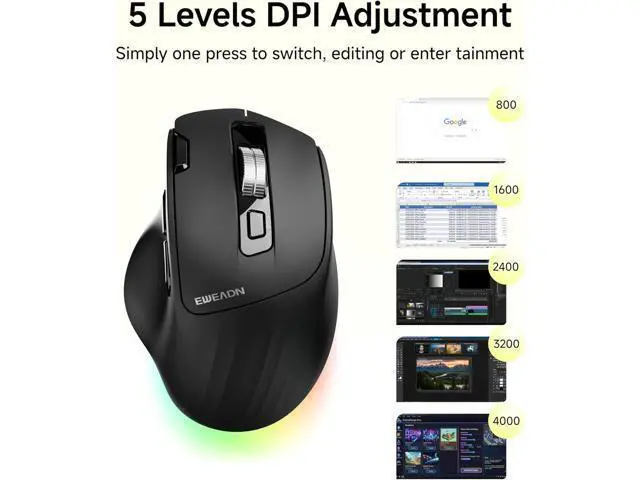Alt view image 6 of 7 - Ergonomic Wireless Mouse, 2.4G & Bluetooth Wireless Mouse for Laptop, Silent Click Dual-Mode Rechargeable Computer Mouse, 5 DPI Levels Optical Mice with RGB for Laptop, PC, Mac, Windows, Black