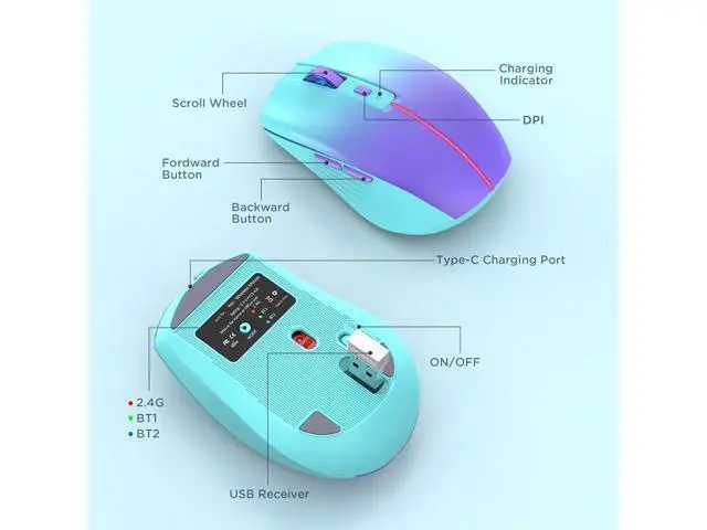 Alt view image 7 of 7 - Bluetooth Wireless Mouse, Rechargeable Slient Multi-Device Computer Mice (Tri-Mode: BT1/2+2.4Ghz) with USB Receiver Wireless Bluetooth Mouse, Ergonomic Cordless Mouse for Laptop/MacBook/PC/iPad