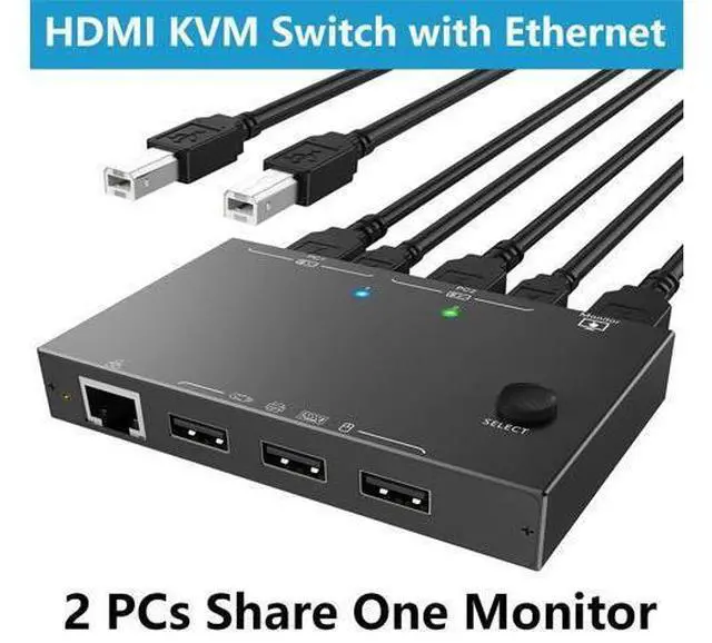Main image of 2 Port HDMI KVM Switch 2 PC 1 Monitor 4K@60Hz 2K@144Hz, 2 in 1 Out HDMI KVM Switch with Ethernet and 4 USB 2.0 ports for 2 PC Sharing 1 Monitor and keyboard, mouse, printer, U disk, with 2 USB cables