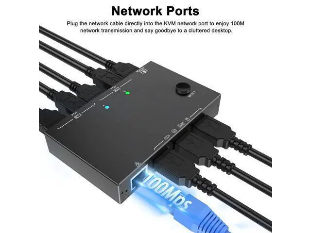 Alt view image 5 of 7 - 2 Port HDMI KVM Switch 2 PC 1 Monitor 4K@60Hz 2K@144Hz, 2 in 1 Out HDMI KVM Switch with Ethernet and 4 USB 2.0 ports for 2 PC Sharing 1 Monitor and keyboard, mouse, printer, U disk, with 2 USB cables