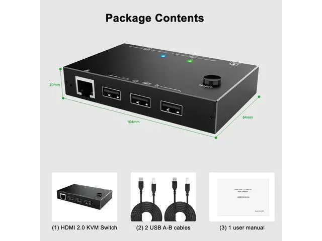 Alt view image 7 of 7 - 2 Port HDMI KVM Switch 2 PC 1 Monitor 4K@60Hz 2K@144Hz, 2 in 1 Out HDMI KVM Switch with Ethernet and 4 USB 2.0 ports for 2 PC Sharing 1 Monitor and keyboard, mouse, printer, U disk, with 2 USB cables