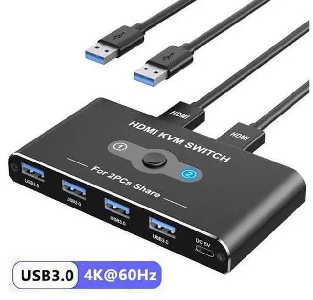Main image of 2 Port HDMI KVM Switch 2 in 1 Out, USB 3.0 and HDMI KVM Switch 4K@60Hz for 2 Computers Share 1 Monitor, 4 USB 3.0 Devices Such as Keyboard, Mouse, Printer giyqxHw