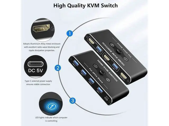Alt view image 6 of 7 - 2 Port HDMI KVM Switch 2 in 1 Out, USB 3.0 and HDMI KVM Switch 4K@60Hz for 2 Computers Share 1 Monitor, 4 USB 3.0 Devices Such as Keyboard, Mouse, Printer giyqxHw