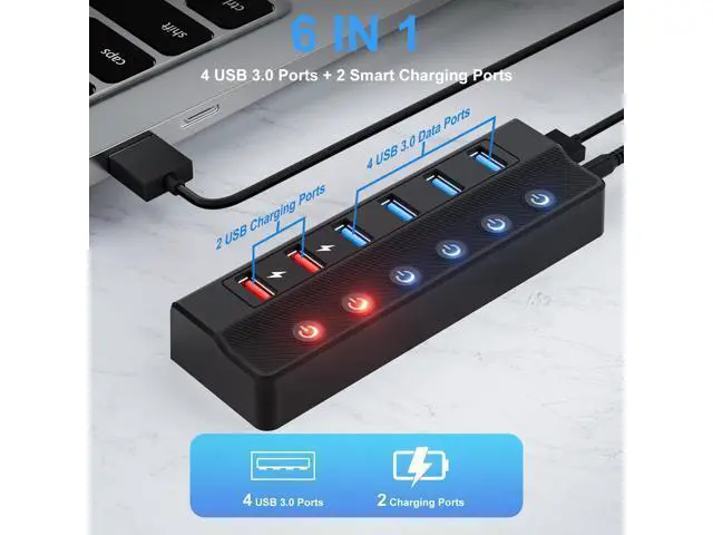 Alt view image 2 of 7 - Powered USB Hub 3.0, 6-Port USB 3.0 Splitter Hub (4 Faster Data Transfer Ports+ 2 Smart Charging Port) with Individual LED On/Off Switches and 12V/3A Power Adapter USB Extension for Mac, PC