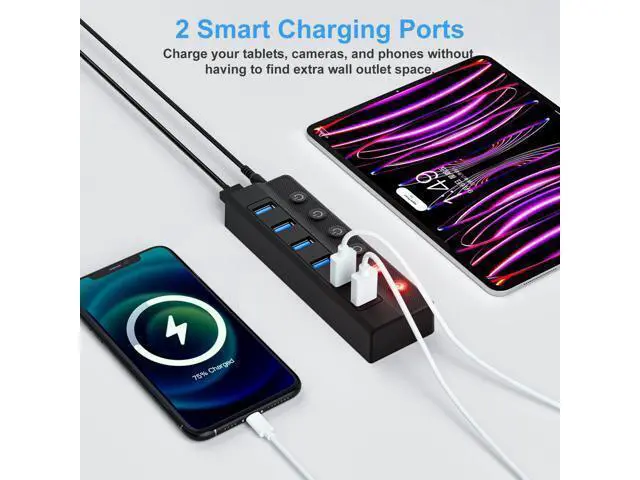 Alt view image 4 of 7 - Powered USB Hub 3.0, 6-Port USB 3.0 Splitter Hub (4 Faster Data Transfer Ports+ 2 Smart Charging Port) with Individual LED On/Off Switches and 12V/3A Power Adapter USB Extension for Mac, PC