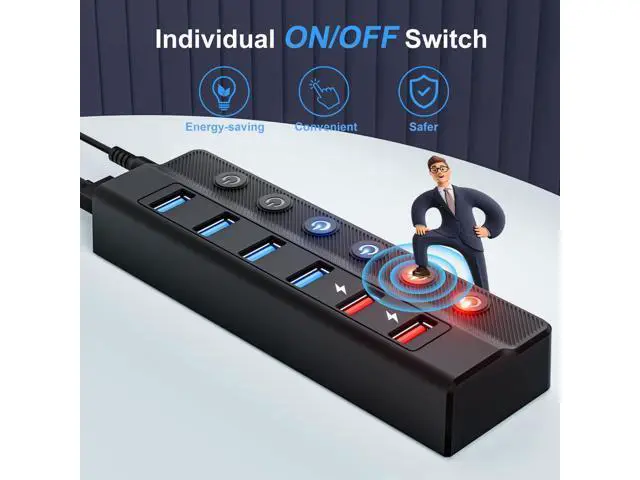 Alt view image 6 of 7 - Powered USB Hub 3.0, 6-Port USB 3.0 Splitter Hub (4 Faster Data Transfer Ports+ 2 Smart Charging Port) with Individual LED On/Off Switches and 12V/3A Power Adapter USB Extension for Mac, PC