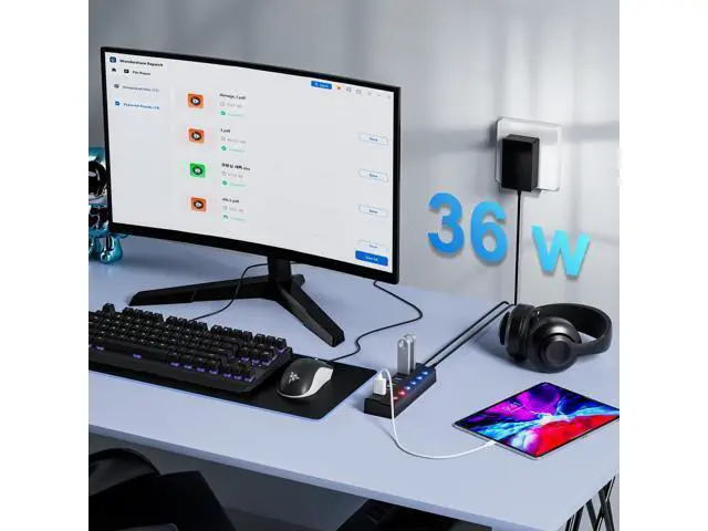 Alt view image 5 of 7 - Powered USB Hub 3.0, 6-Port USB 3.0 Splitter Hub (4 Faster Data Transfer Ports+ 2 Smart Charging Port) with Individual LED On/Off Switches and 12V/3A Power Adapter USB Extension for Mac, PC