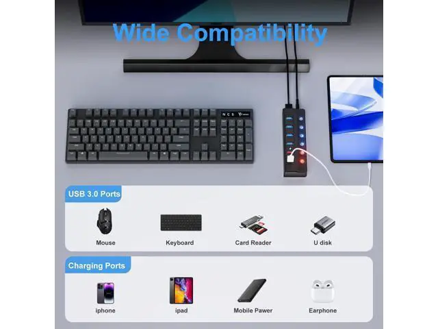 Alt view image 7 of 7 - Powered USB Hub 3.0, 6-Port USB 3.0 Splitter Hub (4 Faster Data Transfer Ports+ 2 Smart Charging Port) with Individual LED On/Off Switches and 12V/3A Power Adapter USB Extension for Mac, PC