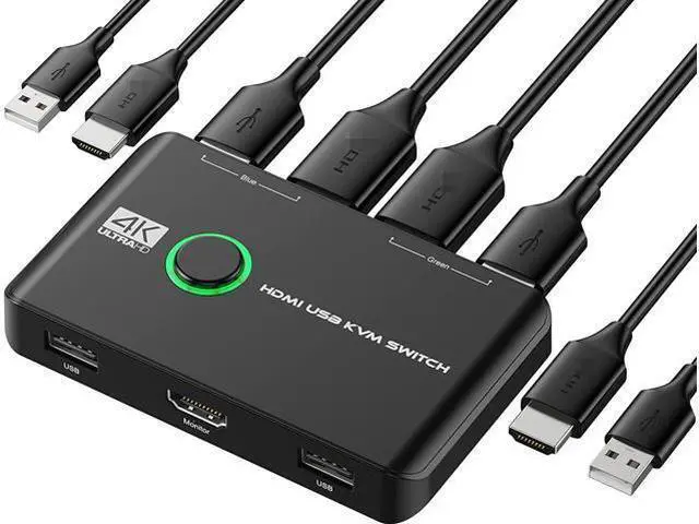 Main image of 4K HDMI USB KVM Switch 2 Port Box, USB HDMI-Compatible Switches for 2 Computers Share Keyboard Mouse Printer and one HD Monitor, Support 4K @60Hz, with 2 USB Cables and 2 HDMI-Compatible Cables