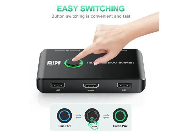 Alt view image 5 of 7 - 4K HDMI USB KVM Switch 2 Port Box, USB HDMI-Compatible Switches for 2 Computers Share Keyboard Mouse Printer and one HD Monitor, Support 4K @60Hz, with 2 USB Cables and 2 HDMI-Compatible Cables