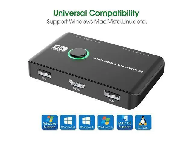 Alt view image 6 of 7 - 4K HDMI USB KVM Switch 2 Port Box, USB HDMI-Compatible Switches for 2 Computers Share Keyboard Mouse Printer and one HD Monitor, Support 4K @60Hz, with 2 USB Cables and 2 HDMI-Compatible Cables