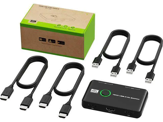 Alt view image 7 of 7 - 4K HDMI USB KVM Switch 2 Port Box, USB HDMI-Compatible Switches for 2 Computers Share Keyboard Mouse Printer and one HD Monitor, Support 4K @60Hz, with 2 USB Cables and 2 HDMI-Compatible Cables