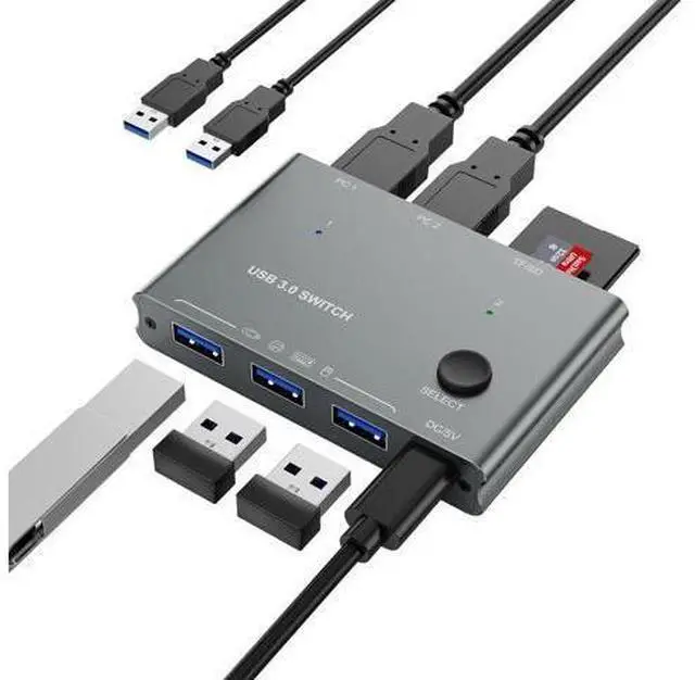 Main image of 5Gbps USB 3.0 Switch 2 Computers Share 3 USB 3.0 Devices with TF Card Reading Function, USB 3.0 Switcher Selector for PC Laptop Keyboard Mouse Webcam USB-Microphone, with 2 USB A to A Cables