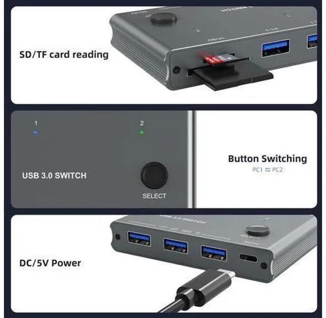 Alt view image 6 of 7 - 5Gbps USB 3.0 Switch 2 Computers Share 3 USB 3.0 Devices with TF Card Reading Function, USB 3.0 Switcher Selector for PC Laptop Keyboard Mouse Webcam USB-Microphone, with 2 USB A to A Cables
