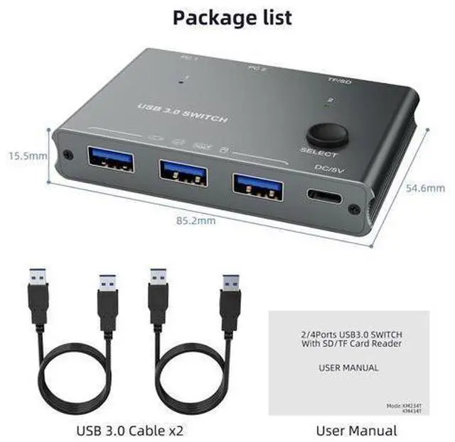 Alt view image 7 of 7 - 5Gbps USB 3.0 Switch 2 Computers Share 3 USB 3.0 Devices with TF Card Reading Function, USB 3.0 Switcher Selector for PC Laptop Keyboard Mouse Webcam USB-Microphone, with 2 USB A to A Cables