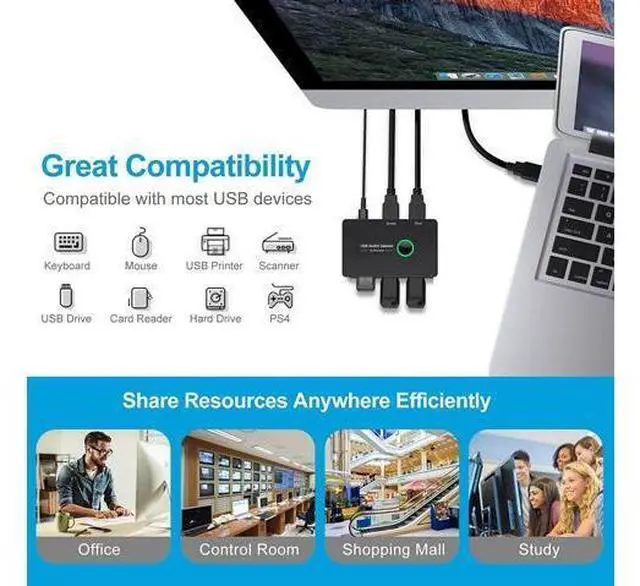 Alt view image 6 of 7 - USB 3.0 Switch Selector, USB3.0 2 in 4 Out for 2 Computers Share 4 Port USB KVM Switcher Hub for PC Mouse Keyboard Printer Scanner Compatible with Windows, MacOS