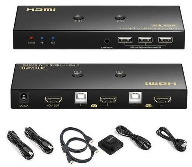 Main image of KVM Switch HDMI 2 Port 4K @60Hz, 2x1 HDMI KVM Switch for 2 Computers Sharing 1 Monitor and 3 USB Devices, with Extension Control Switch and 2 USB Cable & 2 HDMI Cable