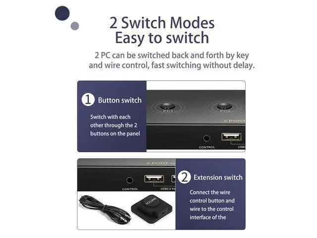 Alt view image 6 of 7 - KVM Switch HDMI 2 Port 4K @60Hz, 2x1 HDMI KVM Switch for 2 Computers Sharing 1 Monitor and 3 USB Devices, with Extension Control Switch and 2 USB Cable & 2 HDMI Cable