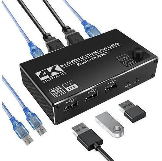 Main image of 2 Port HDMI KVM Switch 2 in 1 Out, 4K @60Hz HDMI USB2.0 KVM Switch for 2 Computers 1 Monitor Share Keyboard Mouse Button Switch, Metal Case, Button & Hotkey Switch, With 2 USB Cables