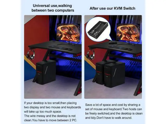 Alt view image 3 of 7 - 2 Port HDMI KVM Switch 2 in 1 Out, 4K @60Hz HDMI USB2.0 KVM Switch for 2 Computers 1 Monitor Share Keyboard Mouse Button Switch, Metal Case, Button & Hotkey Switch, With 2 USB Cables