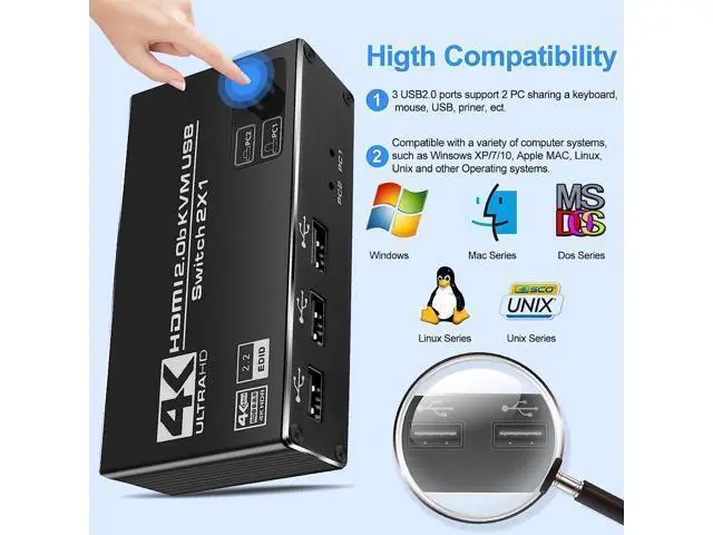 Alt view image 5 of 7 - 2 Port HDMI KVM Switch 2 in 1 Out, 4K @60Hz HDMI USB2.0 KVM Switch for 2 Computers 1 Monitor Share Keyboard Mouse Button Switch, Metal Case, Button & Hotkey Switch, With 2 USB Cables