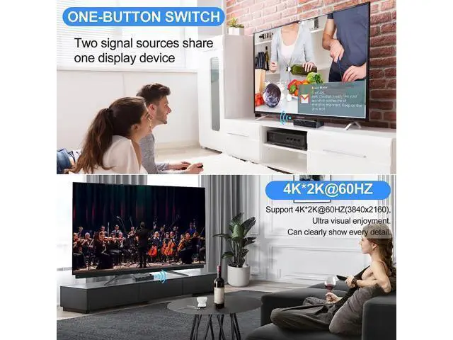 Alt view image 4 of 7 - 2 Port HDMI KVM Switch 2 in 1 Out, 4K @60Hz HDMI USB2.0 KVM Switch for 2 Computers 1 Monitor Share Keyboard Mouse Button Switch, Metal Case, Button & Hotkey Switch, With 2 USB Cables