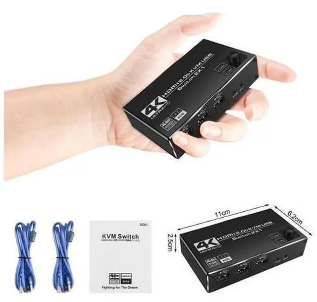 Alt view image 7 of 7 - 2 Port HDMI KVM Switch 2 in 1 Out, 4K @60Hz HDMI USB2.0 KVM Switch for 2 Computers 1 Monitor Share Keyboard Mouse Button Switch, Metal Case, Button & Hotkey Switch, With 2 USB Cables