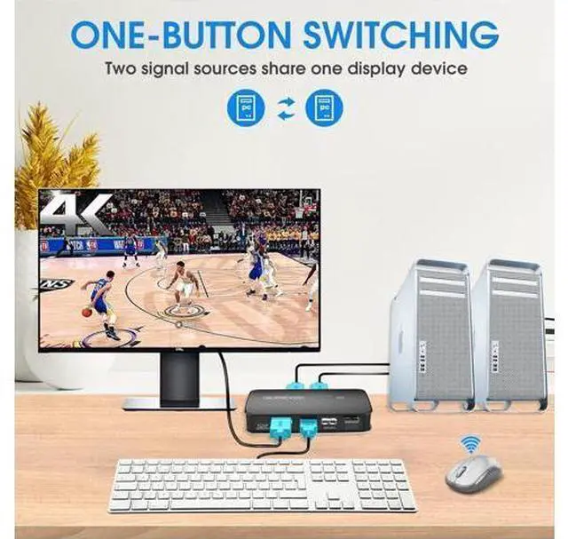 Alt view image 2 of 7 - 4K HDMI KVM Switch 2 Port Switch Box, USB and HDMI Switch for 2 Computers Share Keyboard Mouse Printer and one HD Monitor, Support UHD 4K@30Hz, with Remote Controller and 2 KVM Cables giyqxHw