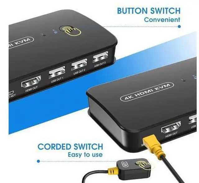 Alt view image 4 of 7 - 4K HDMI KVM Switch 2 Port Switch Box, USB and HDMI Switch for 2 Computers Share Keyboard Mouse Printer and one HD Monitor, Support UHD 4K@30Hz, with Remote Controller and 2 KVM Cables giyqxHw