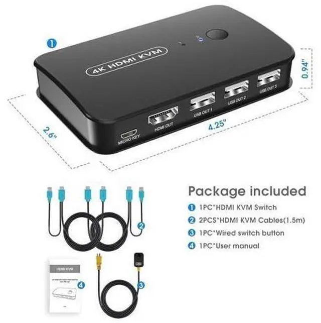 Alt view image 6 of 7 - 4K HDMI KVM Switch 2 Port Switch Box, USB and HDMI Switch for 2 Computers Share Keyboard Mouse Printer and one HD Monitor, Support UHD 4K@30Hz, with Remote Controller and 2 KVM Cables giyqxHw