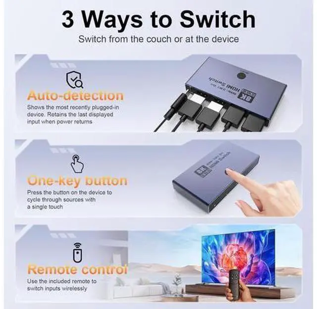 Alt view image 4 of 7 - HDMI 2.1 Switch 3 in 1 Out, 8K@60Hz 4K@240Hz/120Hz 48Gbps, HDMI Switcher with Remote & Detection-Switching, VRR HDR10+ Do-lb-y Vision/At-mos CEC HDCP2.3, Aluminum Alloy HDMI Selector