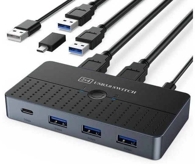 Main image of USB 3.0 Switch 2 in 4 Out for 2 Computers Sharing USB C & A Devices, USB Switcher for PC Mouse Keyboard Printer Scanner, USB 3.0 KVM Switch Selector Compatible with Windows, Mac, Linux