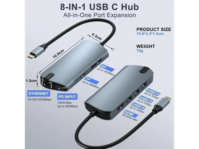 Alt view image 2 of 7 - 8-in-1 USB C Hub Ethernet Adapter with 4K@60Hz HDMI, 100W PD Charging, 3X USB 3.0 Ports, 1Gbps RJ45, SD/TF Card Reader, USB C Adapters Compatible with MacBook Pro/Air, iPad Pro and More Laptops