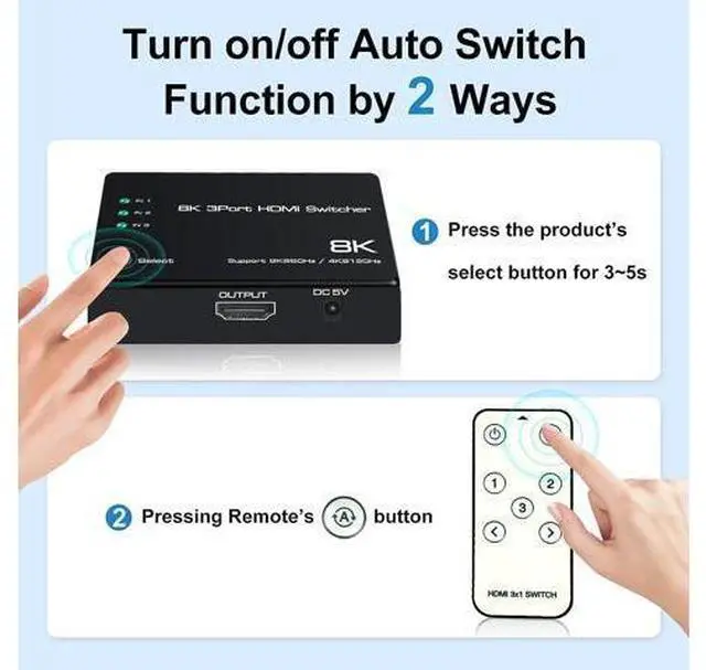 Alt view image 5 of 7 - HDMI 2.1 Switch 3 in 1 Out, 8K@60Hz 4K@120Hz HDMI Switcher 3 Port, 8K HDMI Auto Switch 3x1 Selector with IR Remote for Xbox,PS5,PS4,UHD TV, Support 48Gbps, HDCP 2.3,HDR 10+, 1080P@240Hz